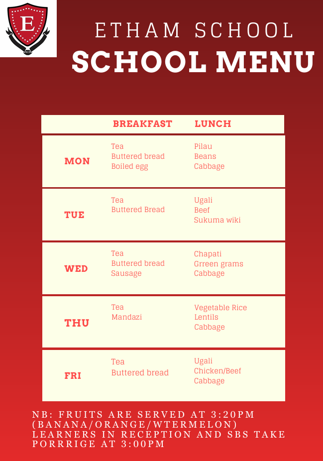 Etham School Menu